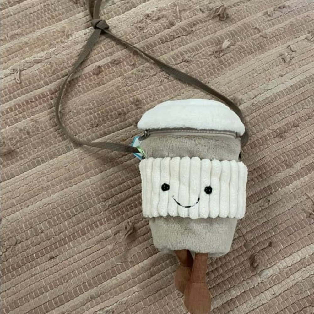 NWT Jellycat Plush Coffee Cup Crossbody Bag - Gray and White